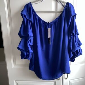 Catherine Malandrino Womens Top Plus 2X Blue‎ Ruched Sleeves On Off Shoulder NWT